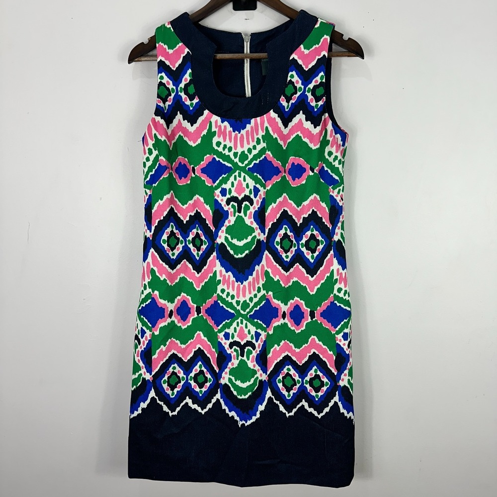 Gabby Skye Dress 8 Multicolor Mod Geo Print Sleeveless Preppy Retro Resort Shift